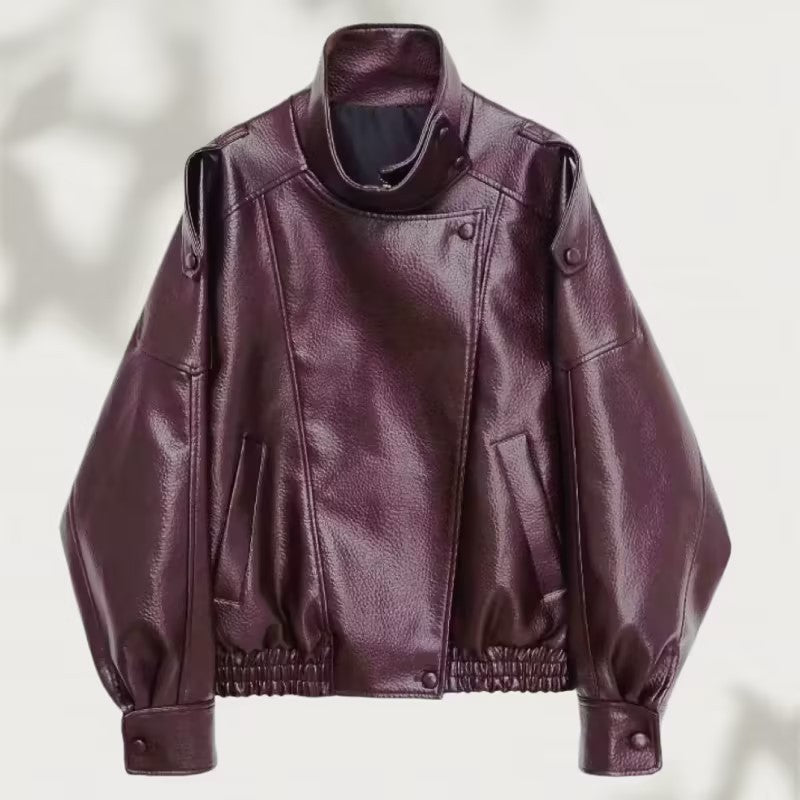 Damen Oversized Bikerjacke mit asymmetrischem Revers und Taillenzug - J&B - 3 - Jasminaboutique.com