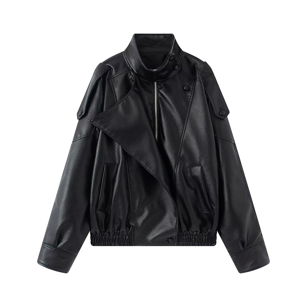 Damen Oversized Bikerjacke mit asymmetrischem Revers und Taillenzug - J&B - 4 - Jasminaboutique.com