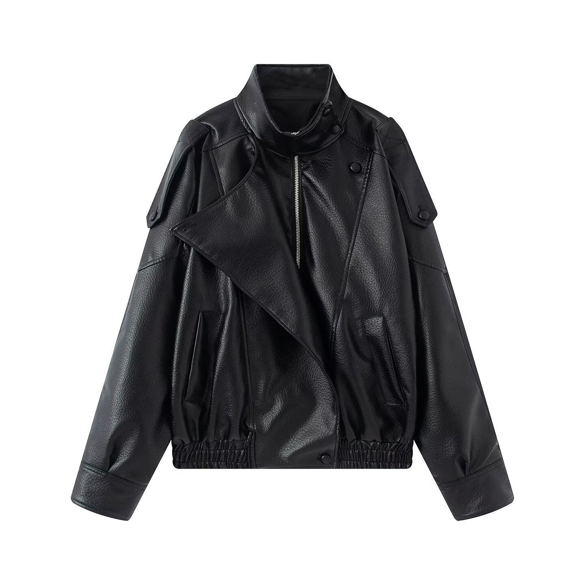 Damen Oversized Bikerjacke mit asymmetrischem Revers und Taillenzug - J&B - 4 - Jasminaboutique.com