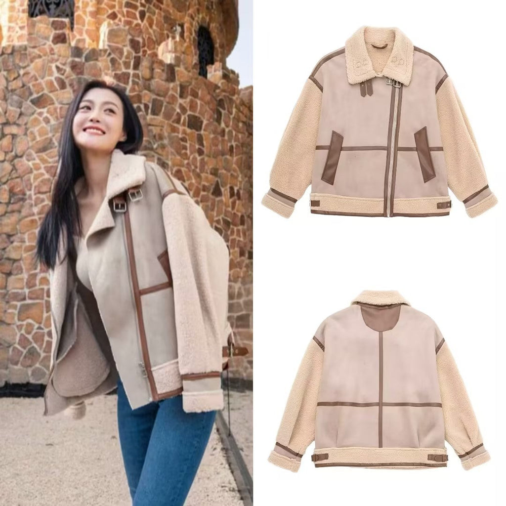 Damen Oversized Fliegerjacke mit asymmetrischem Reißverschluss und Teddyfutter - J&B - 1 - Jasminaboutique.com