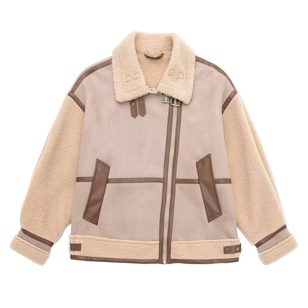 Damen Oversized Fliegerjacke mit asymmetrischem Reißverschluss und Teddyfutter - J&B - 2 - Jasminaboutique.com