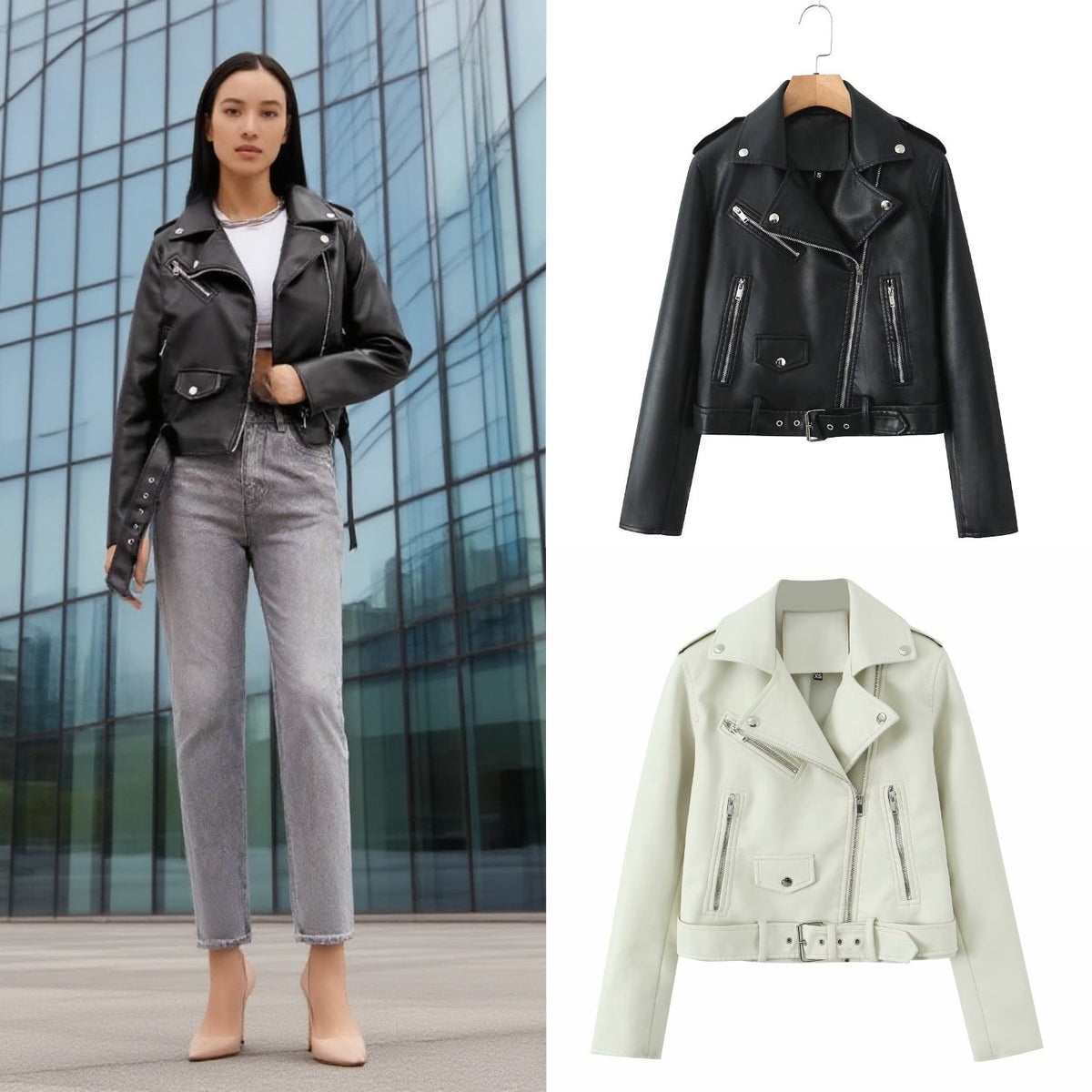 Damen taillierte Bikerjacke mit asymmetrischem Reißverschluss und Taillengürtel - J&B - 1 - Jasminaboutique.com