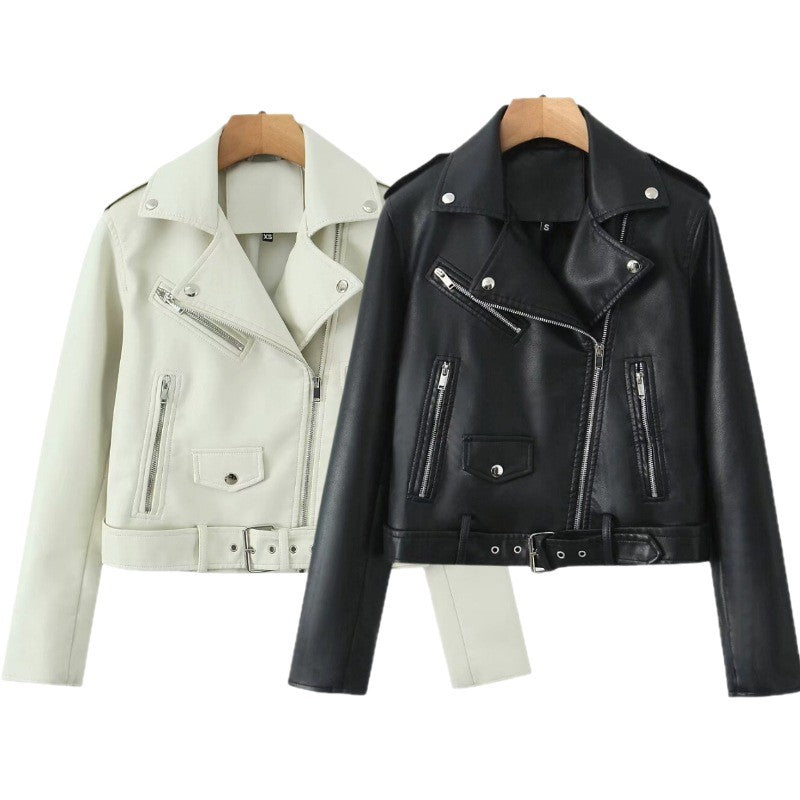 Damen taillierte Bikerjacke mit asymmetrischem Reißverschluss und Taillengürtel - J&B - 5 - Jasminaboutique.com
