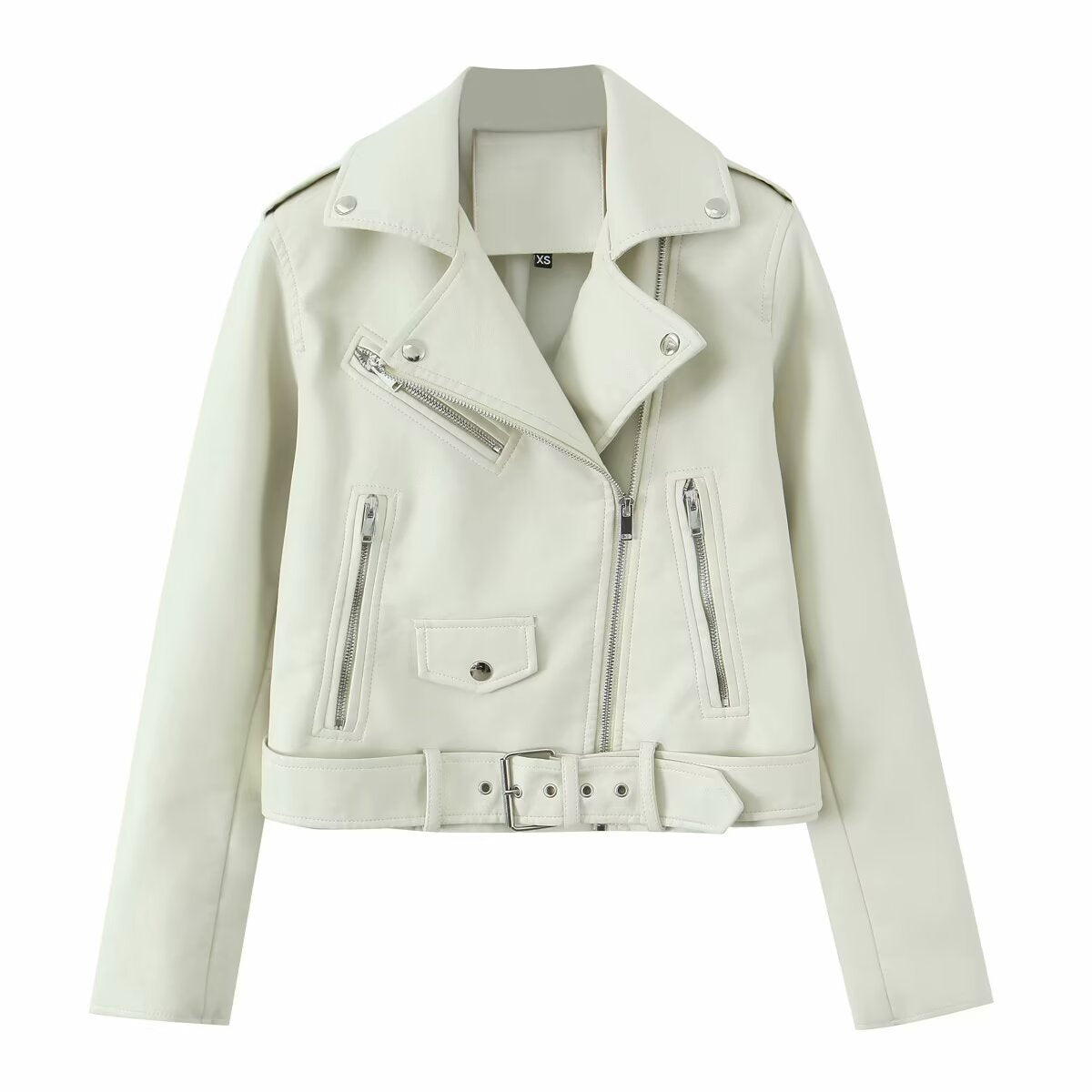 Damen taillierte Bikerjacke mit asymmetrischem Reißverschluss und Taillengürtel - J&B - 6 - Jasminaboutique.com