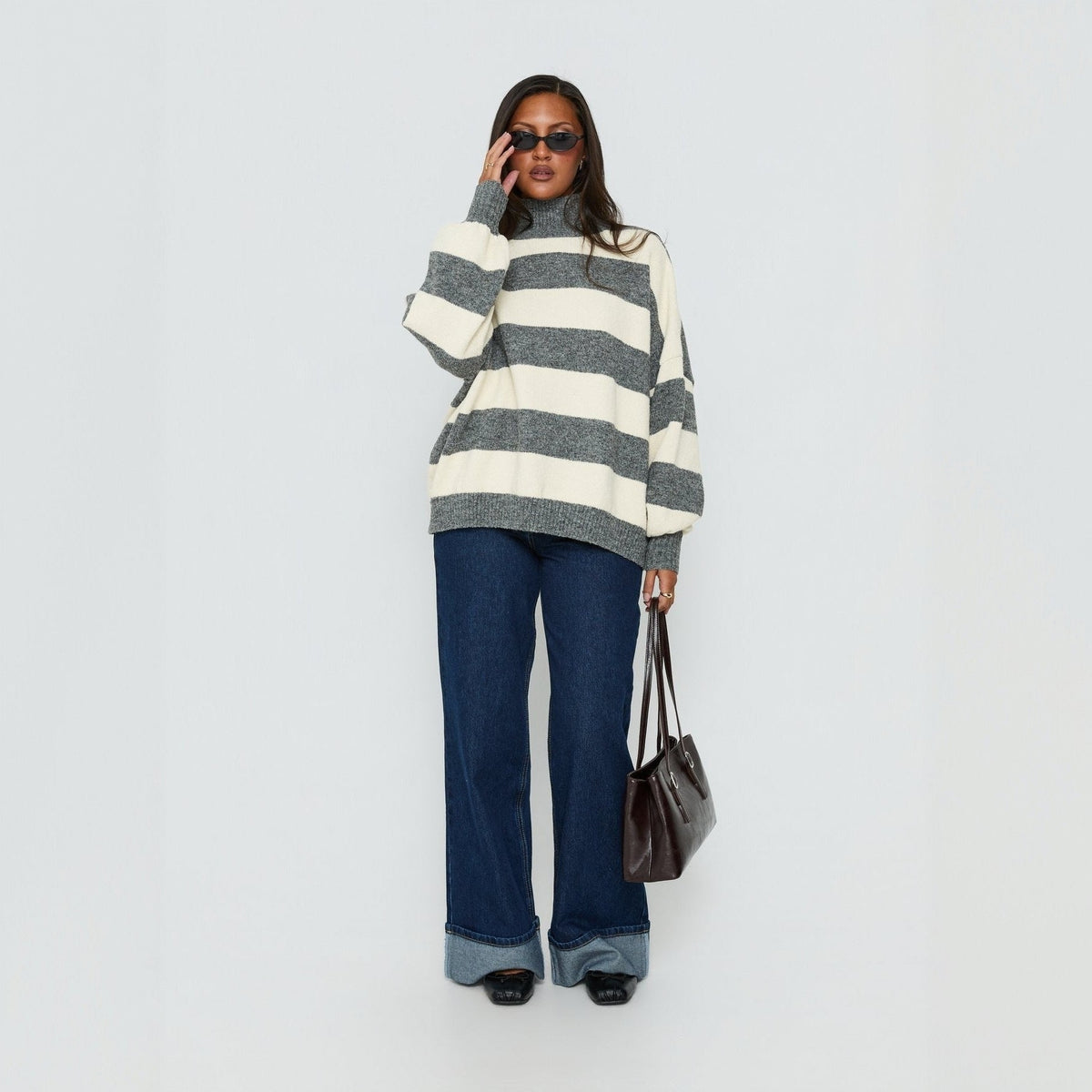 Damen Oversize-Pullover mit hohem Rollkragen und Streifen - J&B - 4 - Jasminaboutique.com