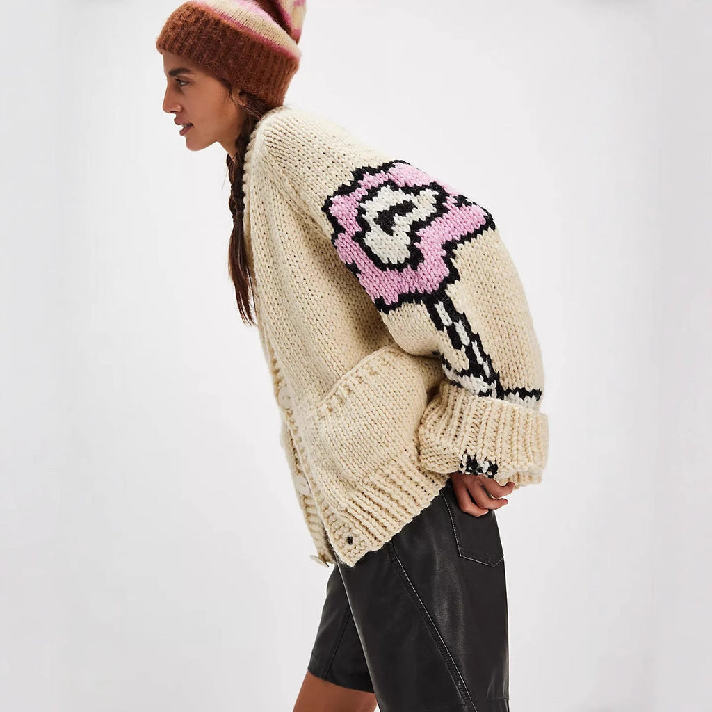 Damen Oversized Cardigan mit Schalkragen und Blumenmuster - J&B - 2 - Jasminaboutique.com