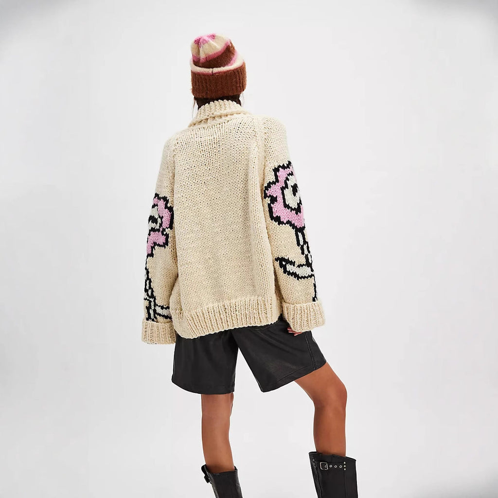 Damen Oversized Cardigan mit Schalkragen und Blumenmuster - J&B - 3 - Jasminaboutique.com
