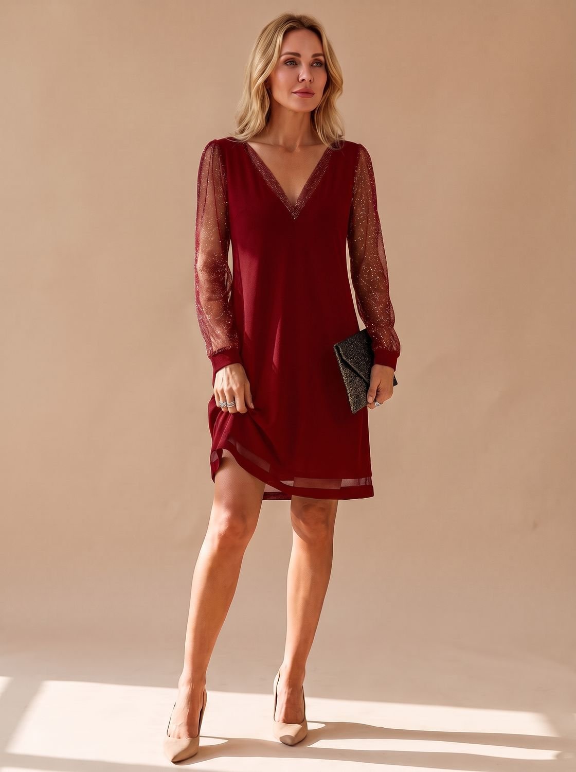 Kleid Damen mit V-Ausschnitt und glitzernden Ärmeln - J&B - 2 - Jasminaboutique.com
