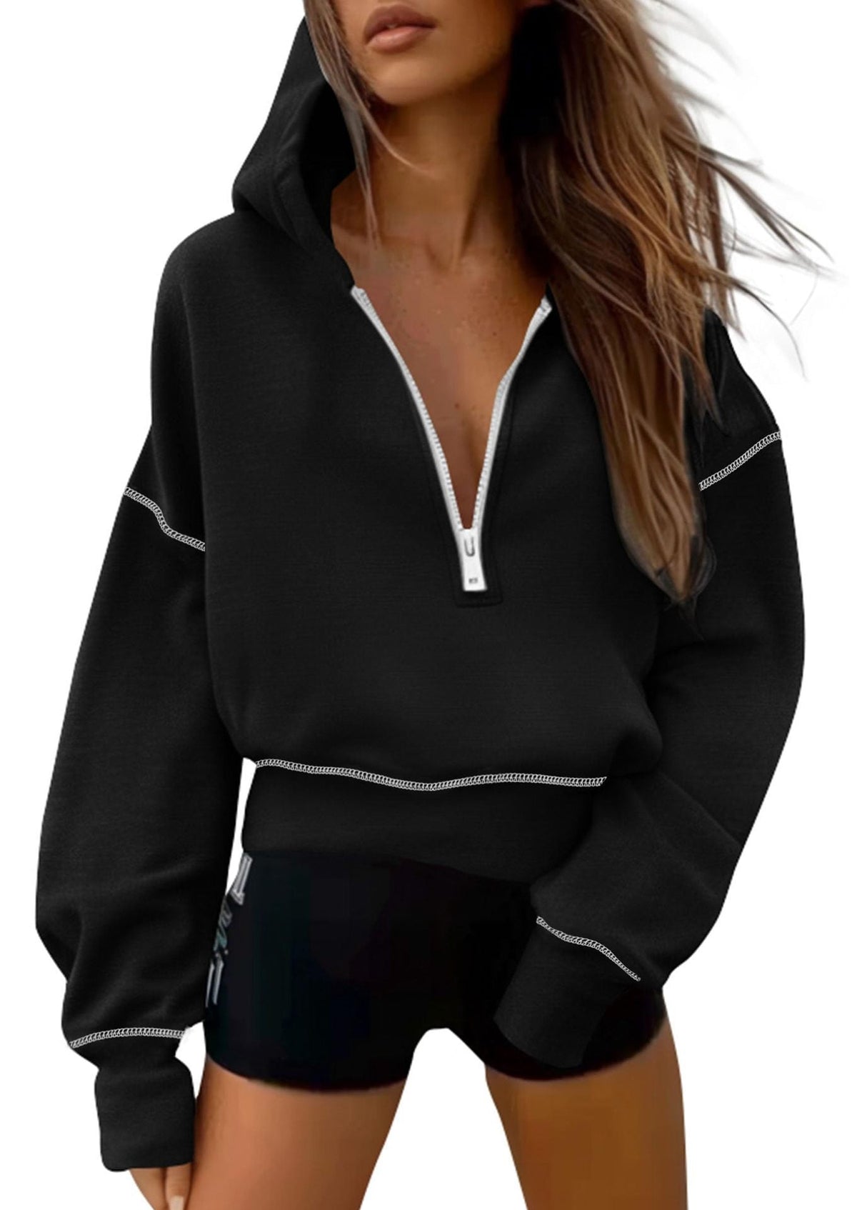 Damen Cropped Kapuzenpullover mit halbem Reißverschluss und Ballonärmeln - J&B - 10 - Jasminaboutique.com