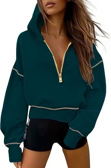 Damen Cropped Kapuzenpullover mit halbem Reißverschluss und Ballonärmeln - J&B - 12 - Jasminaboutique.com