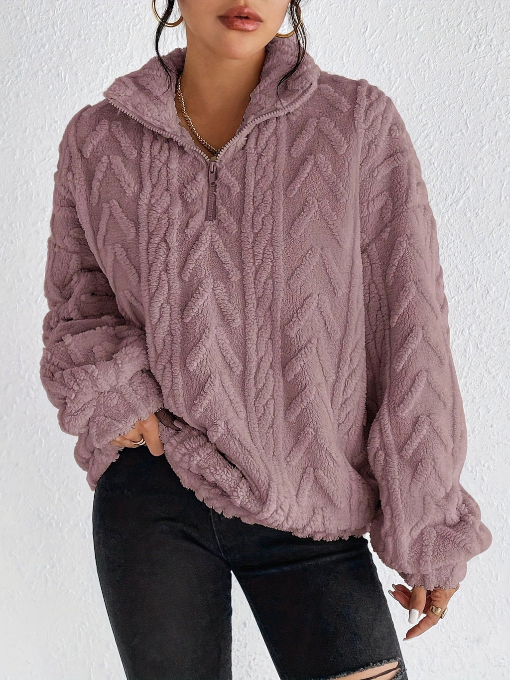 Damen Oversized-Pullover mit hohem Kragen und Zopfmuster - J&B - 2 - Jasminaboutique.com