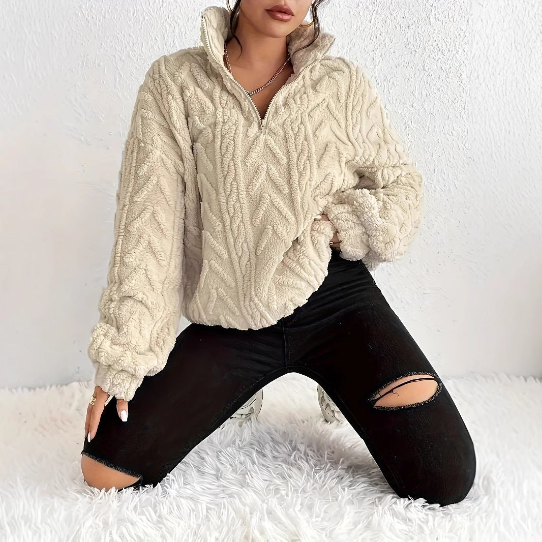 Damen Oversized-Pullover mit hohem Kragen und Zopfmuster - J&B - 3 - Jasminaboutique.com