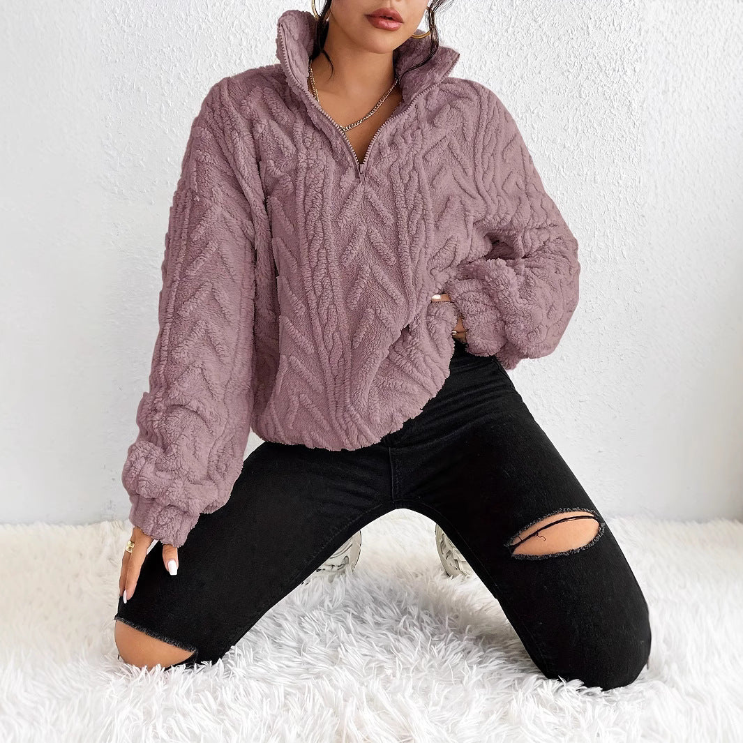 Damen Oversized-Pullover mit hohem Kragen und Zopfmuster - J&B - 4 - Jasminaboutique.com