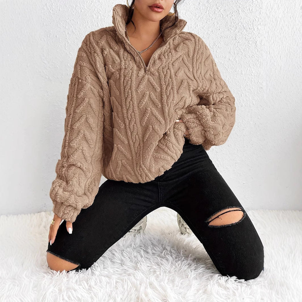 Damen Oversized-Pullover mit hohem Kragen und Zopfmuster - J&B - 5 - Jasminaboutique.com