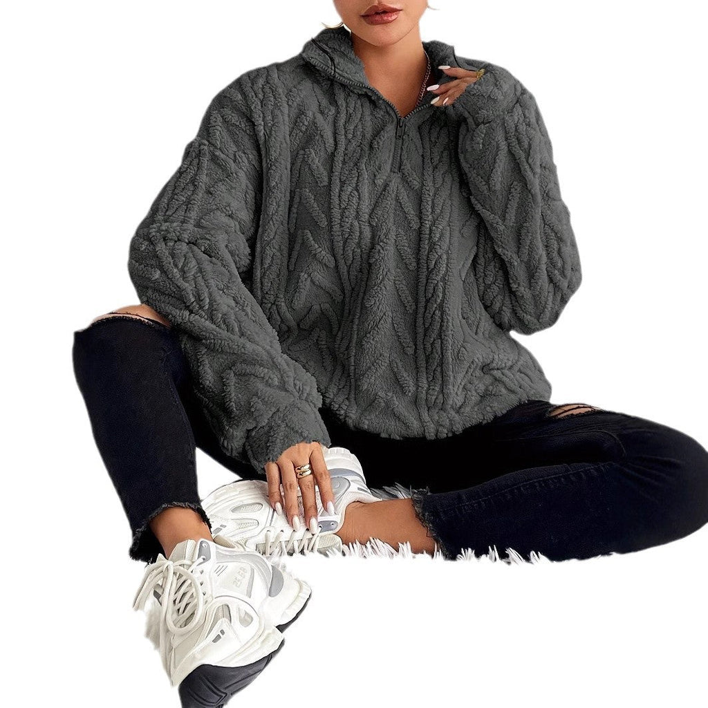 Damen Oversized-Pullover mit hohem Kragen und Zopfmuster - J&B - 6 - Jasminaboutique.com