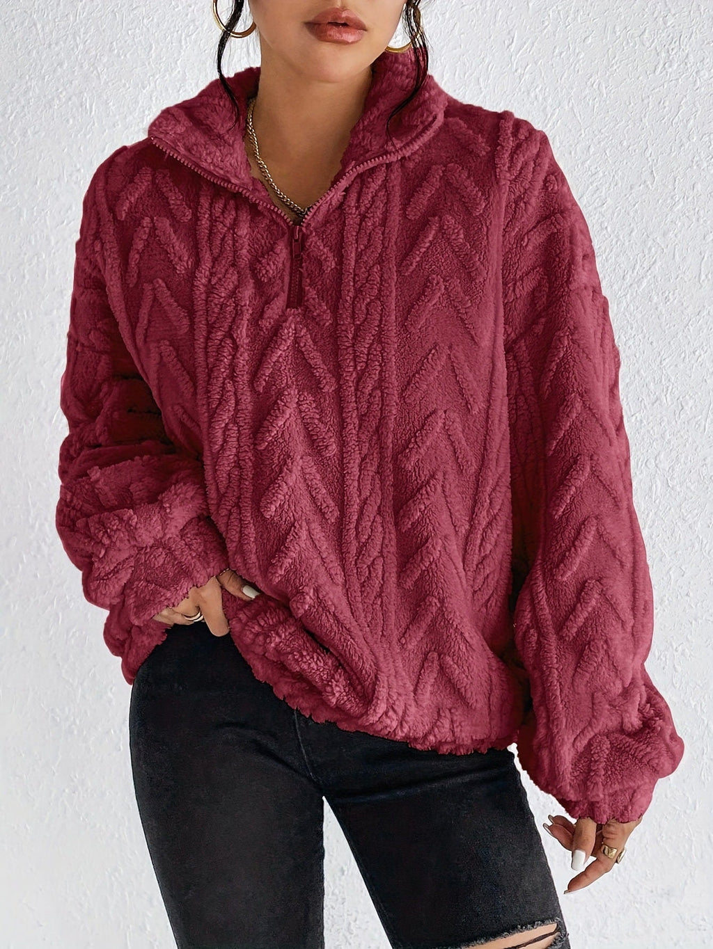Damen Oversized-Pullover mit hohem Kragen und Zopfmuster - J&B - 9 - Jasminaboutique.com