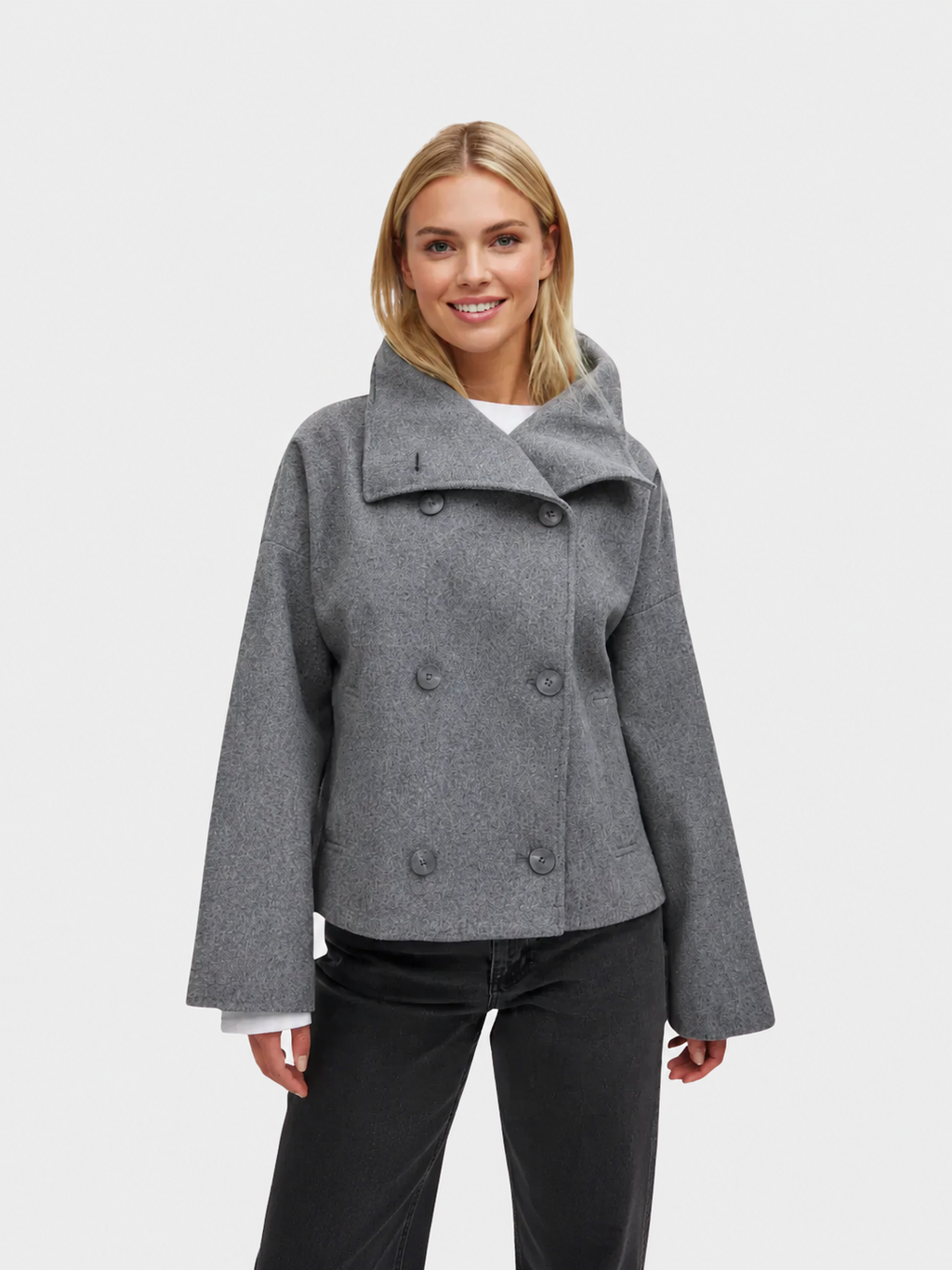 Damen Jacke - Kurzer Schnitt mit breitem Kragen und doppeltem Knopfverschluss - J&B - 1 - Jasminaboutique.com