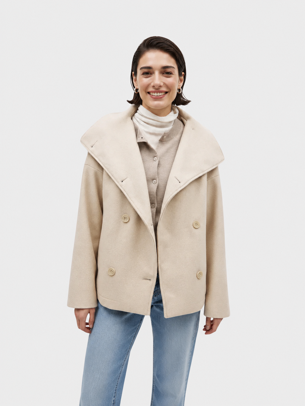Damen Jacke - Kurzer Schnitt mit breitem Kragen und doppeltem Knopfverschluss - J&B - 3 - Jasminaboutique.com