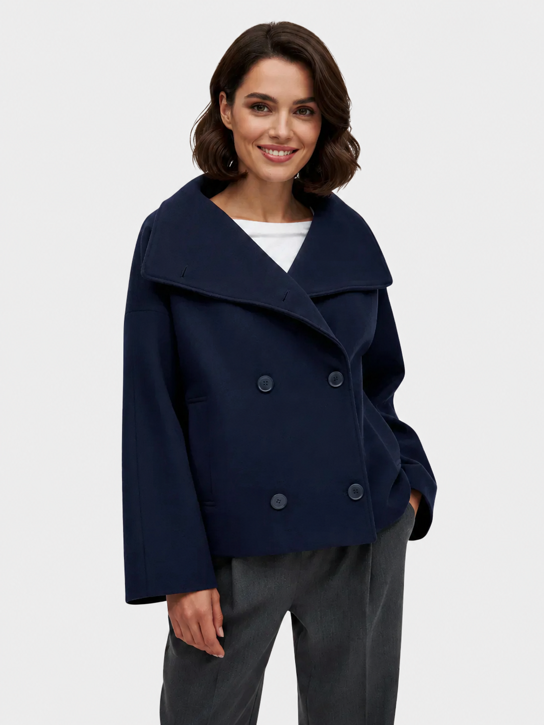 Damen Jacke - Kurzer Schnitt mit breitem Kragen und doppeltem Knopfverschluss - J&B - 5 - Jasminaboutique.com