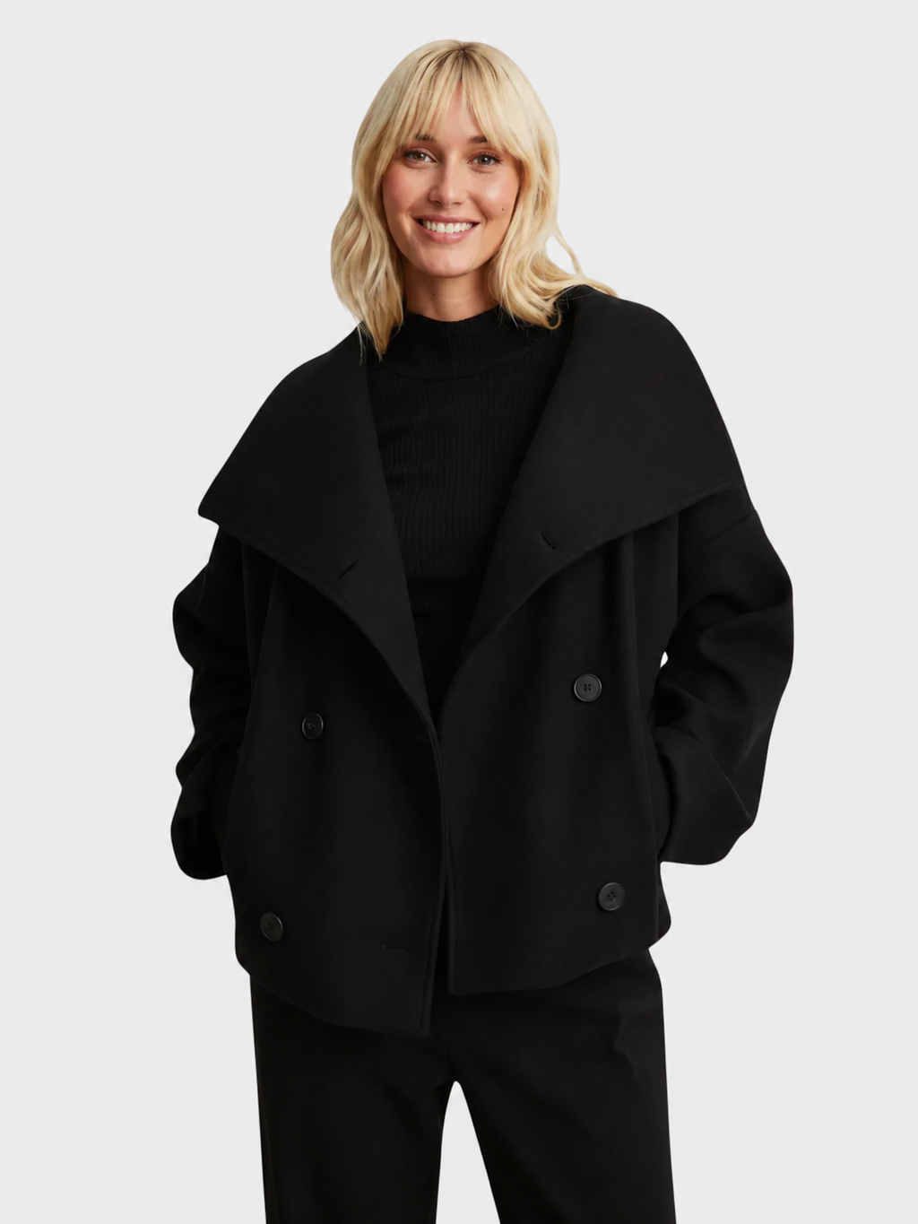 Damen Jacke - Kurzer Schnitt mit breitem Kragen und doppeltem Knopfverschluss - J&B - 7 - Jasminaboutique.com