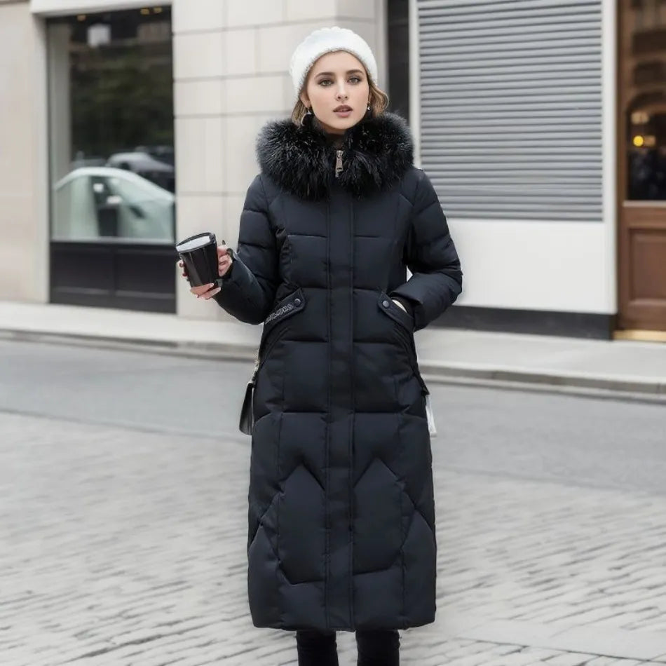 Damen Langer Steppmantel mit Kapuze und Fellkragen - J&B - 8 - Jasminaboutique.com