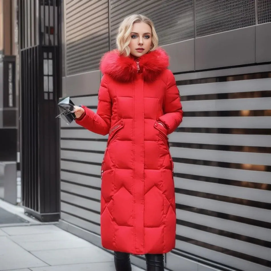 Damen Langer Steppmantel mit Kapuze und Fellkragen - J&B - 12 - Jasminaboutique.com