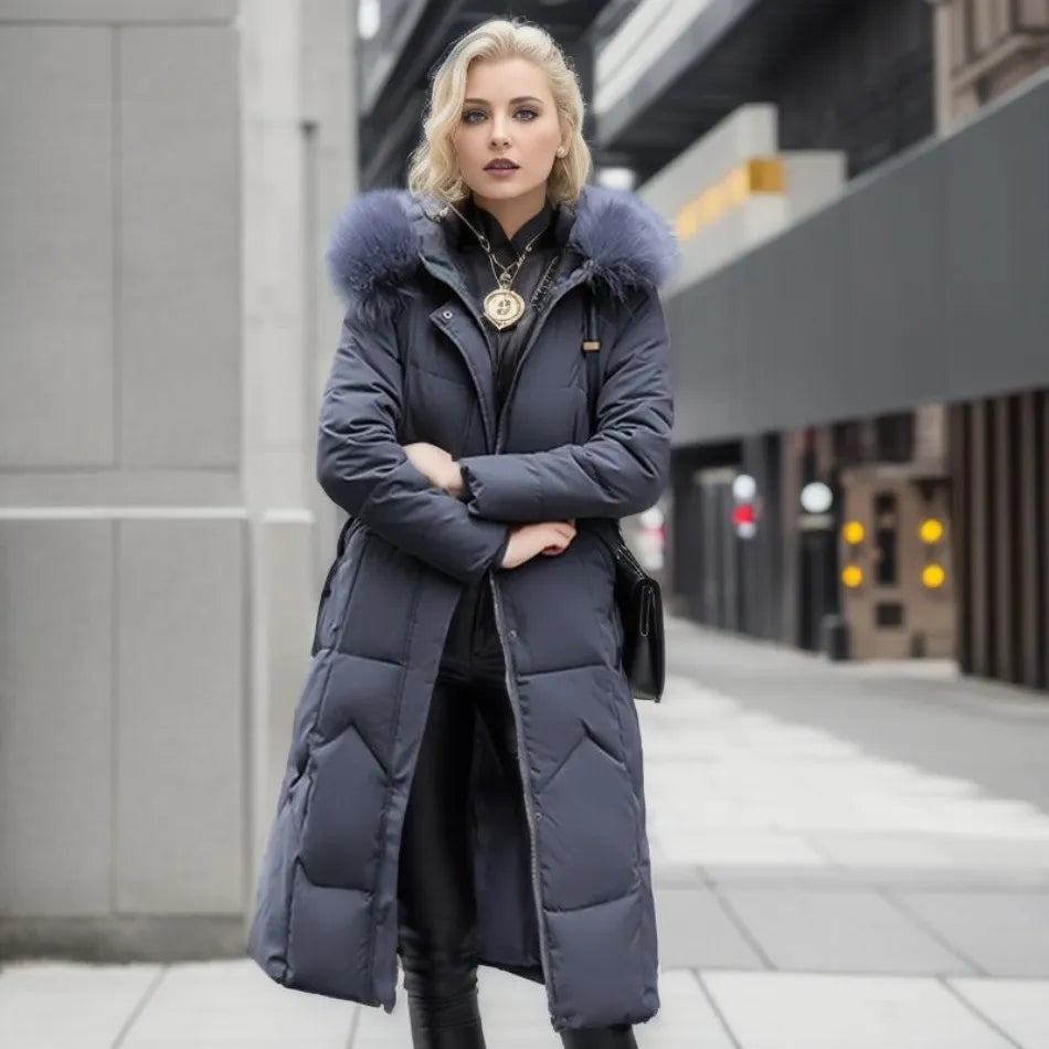 Damen Langer Steppmantel mit Kapuze und Fellkragen - J&B - 13 - Jasminaboutique.com