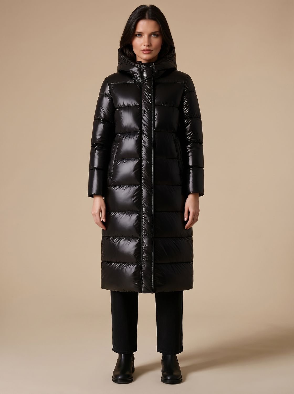 Damen Steppmantel mit Kapuze und langem Schnitt - J&B - 1 - Jasminaboutique.com