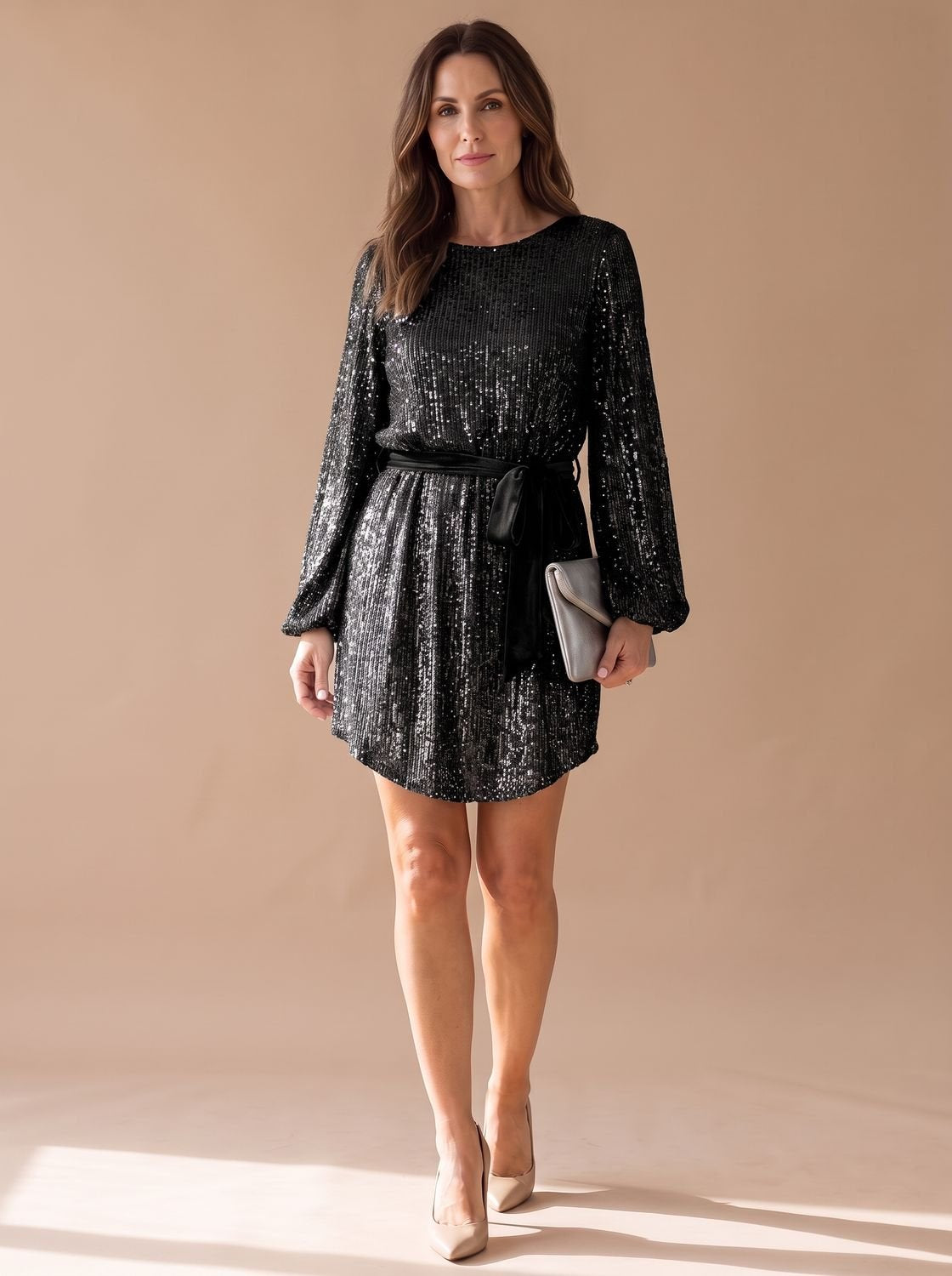 Mini Kleid Damen mit Ballonärmeln und Taillengürtel - J&B - 2 - Jasminaboutique.com