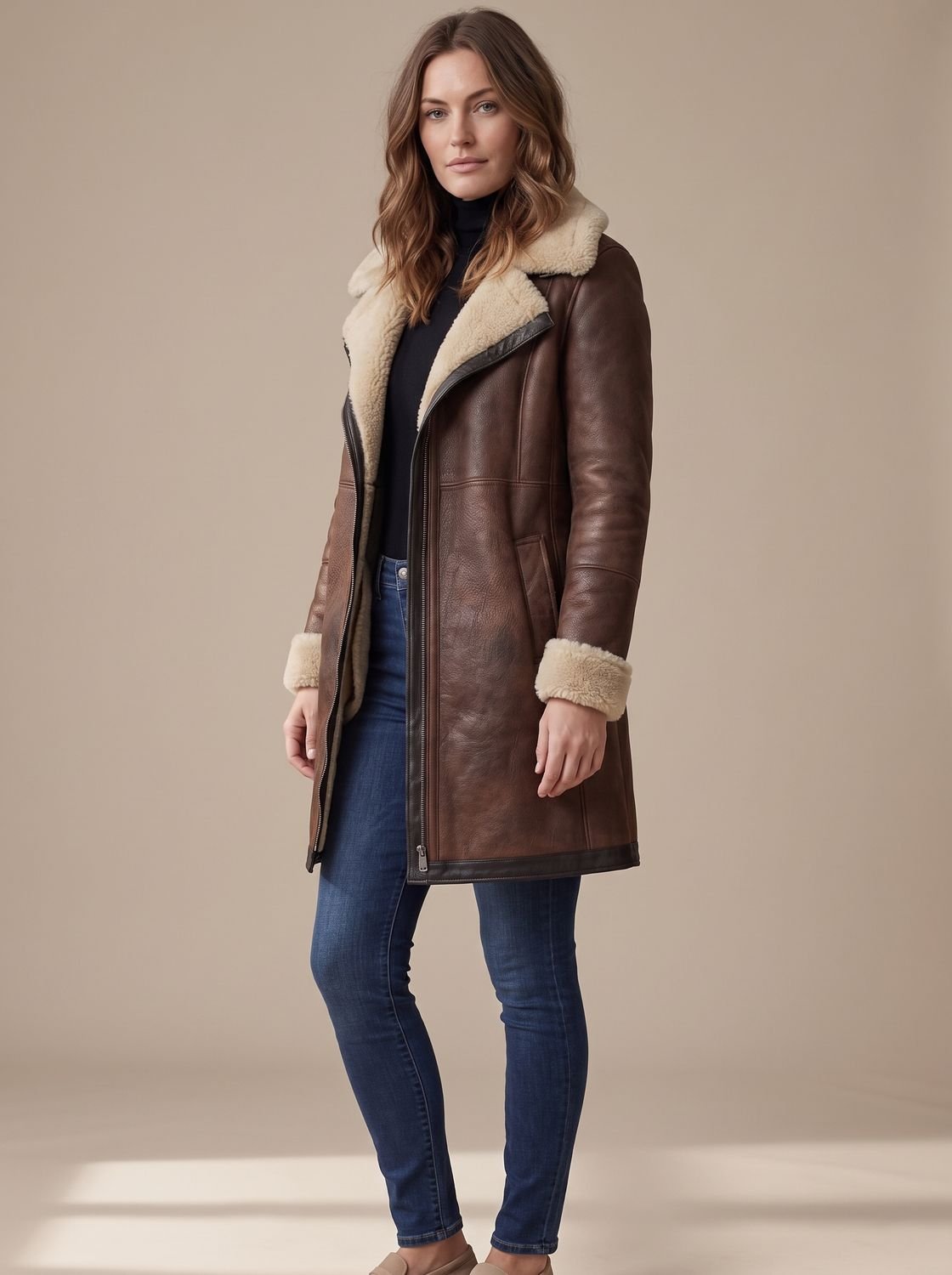 Damen Mantel mit asymmetrischem Reißverschluss und Kragen aus Kunstfell - J&B - 1 - Jasminaboutique.com