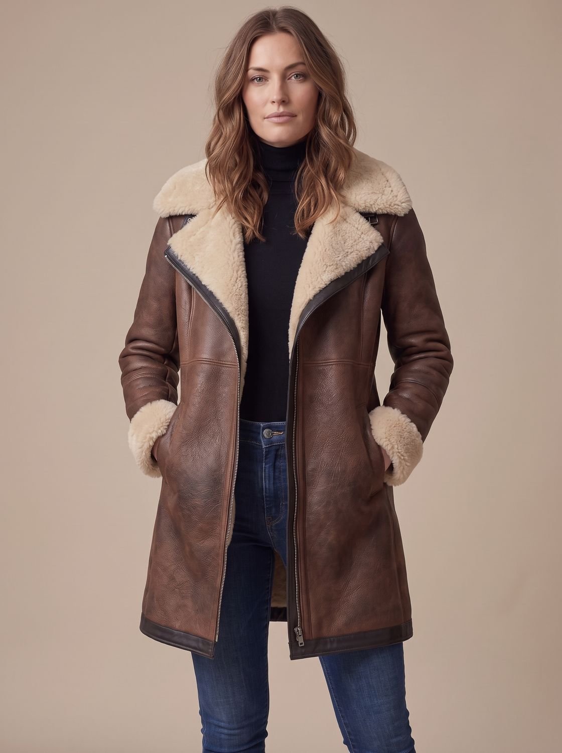 Damen Mantel mit asymmetrischem Reißverschluss und Kragen aus Kunstfell - J&B - 3 - Jasminaboutique.com