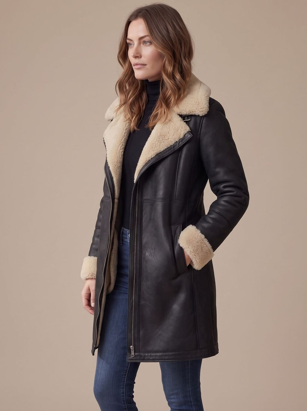 Damen Mantel mit asymmetrischem Reißverschluss und Kragen aus Kunstfell - J&B - 5 - Jasminaboutique.com