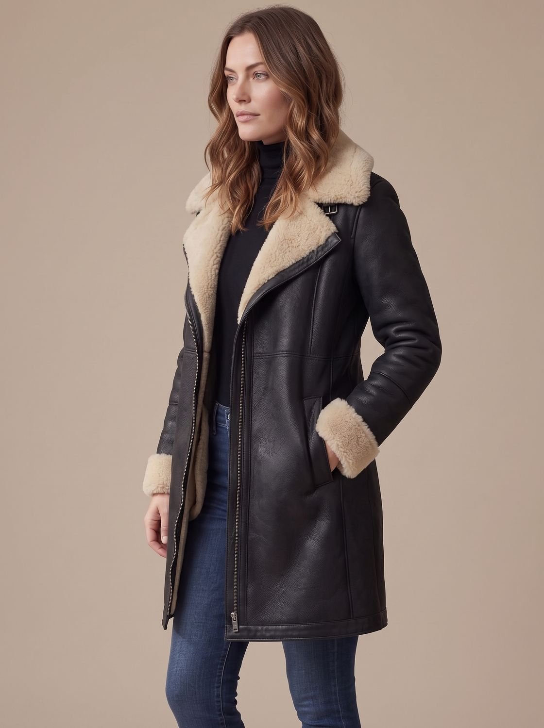 Damen Mantel mit asymmetrischem Reißverschluss und Kragen aus Kunstfell - J&B - 5 - Jasminaboutique.com