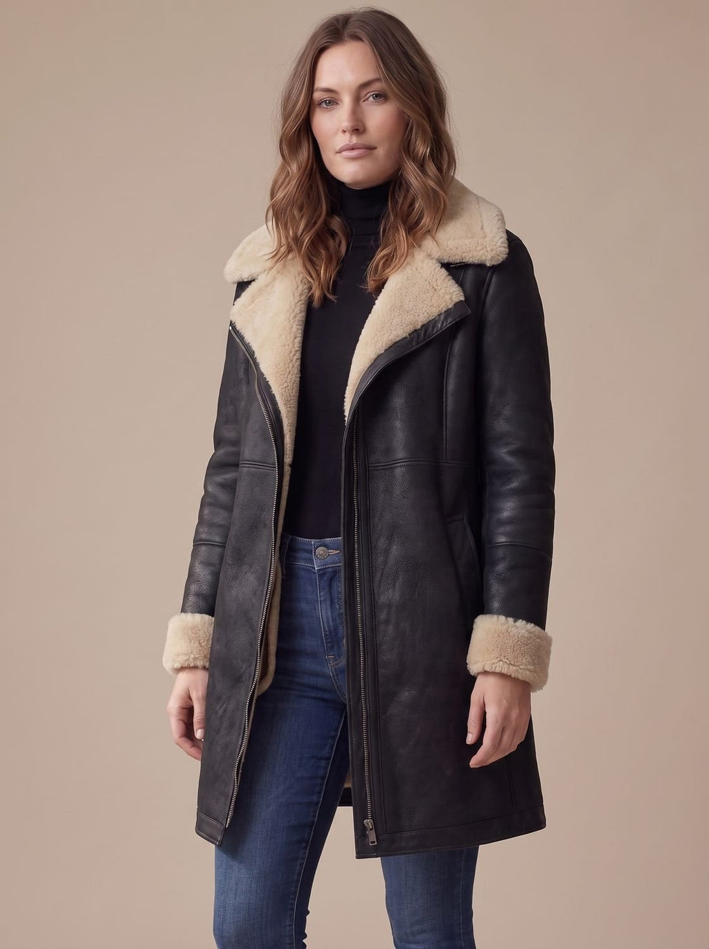 Damen Mantel mit asymmetrischem Reißverschluss und Kragen aus Kunstfell - J&B - 6 - Jasminaboutique.com