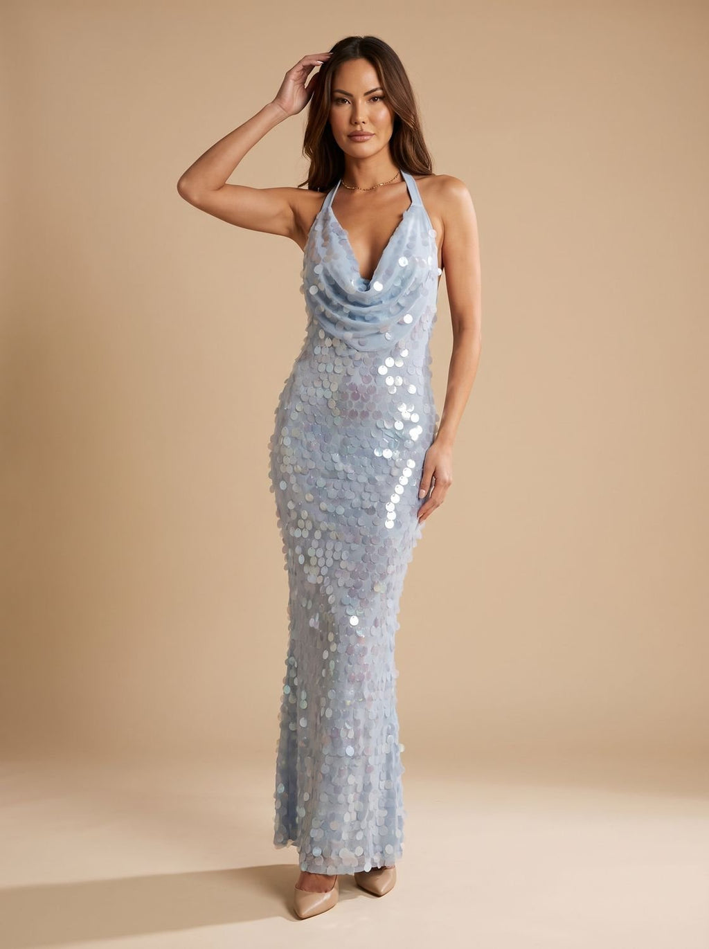 Maxikleid Damen mit Cowl-Neck und glamourösen Details - J&B - 1 - Jasminaboutique.com