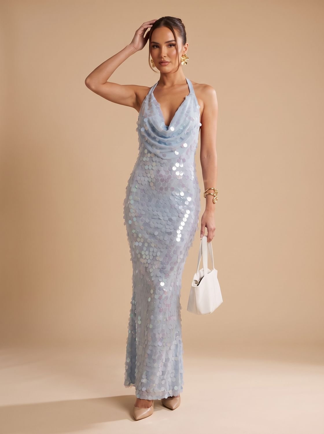 Maxikleid Damen mit Cowl-Neck und glamourösen Details - J&B - 5 - Jasminaboutique.com