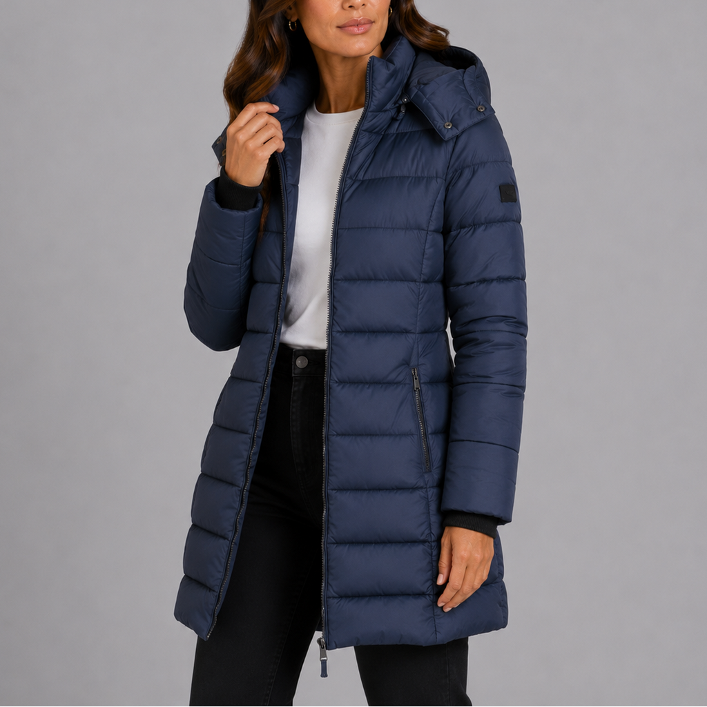 Damen Langer Steppmantel mit Kapuze und Reißverschluss - J&B - 1 - Jasminaboutique.com