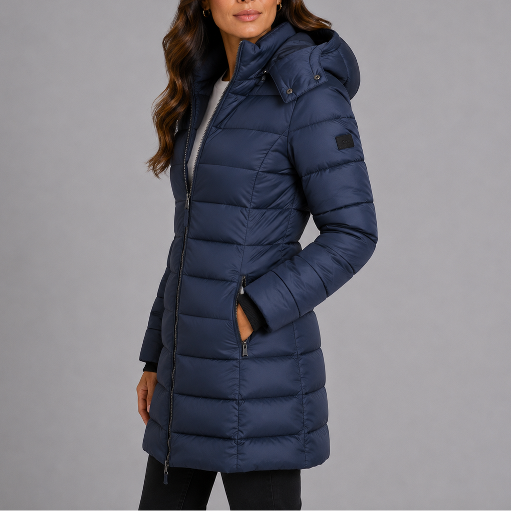 Damen Langer Steppmantel mit Kapuze und Reißverschluss - J&B - 2 - Jasminaboutique.com