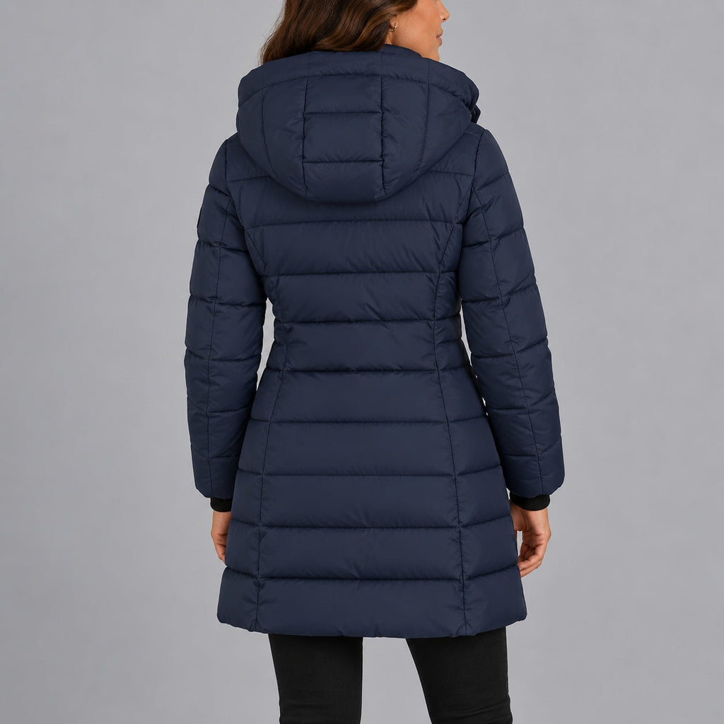 Damen Langer Steppmantel mit Kapuze und Reißverschluss - J&B - 3 - Jasminaboutique.com