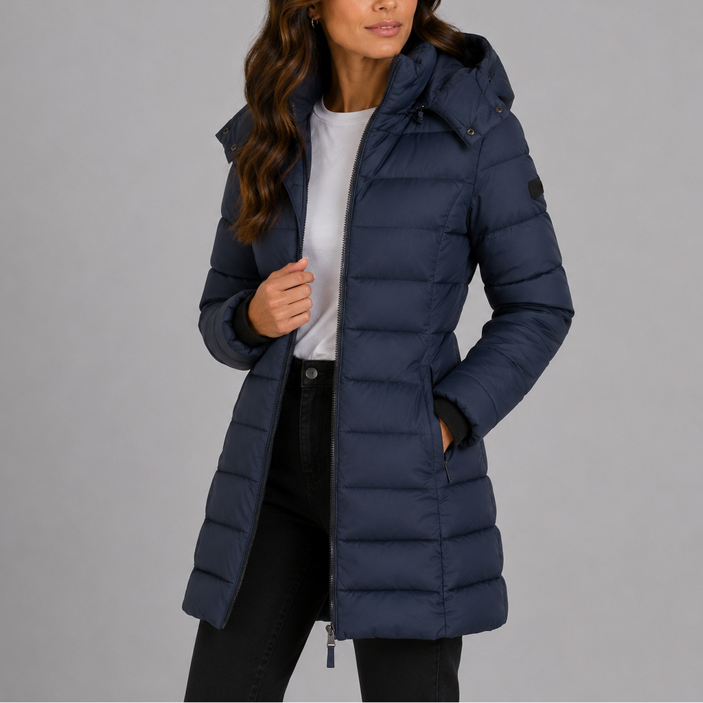 Damen Langer Steppmantel mit Kapuze und Reißverschluss - J&B - 4 - Jasminaboutique.com