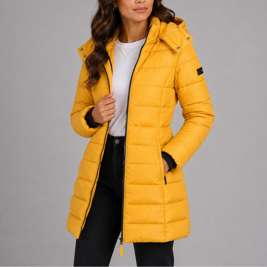 Damen Langer Steppmantel mit Kapuze und Reißverschluss - J&B - 5 - Jasminaboutique.com