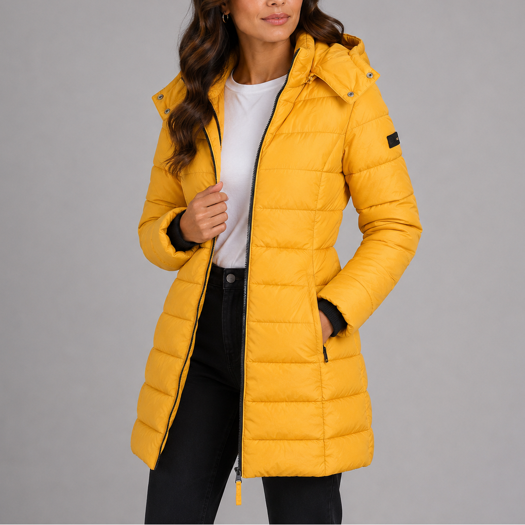 Damen Langer Steppmantel mit Kapuze und Reißverschluss - J&B - 5 - Jasminaboutique.com