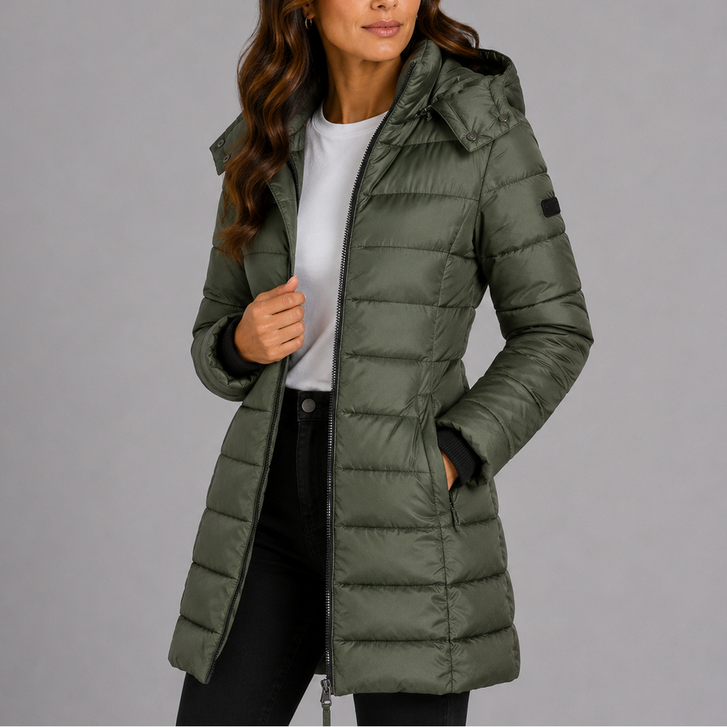 Damen Langer Steppmantel mit Kapuze und Reißverschluss - J&B - 7 - Jasminaboutique.com