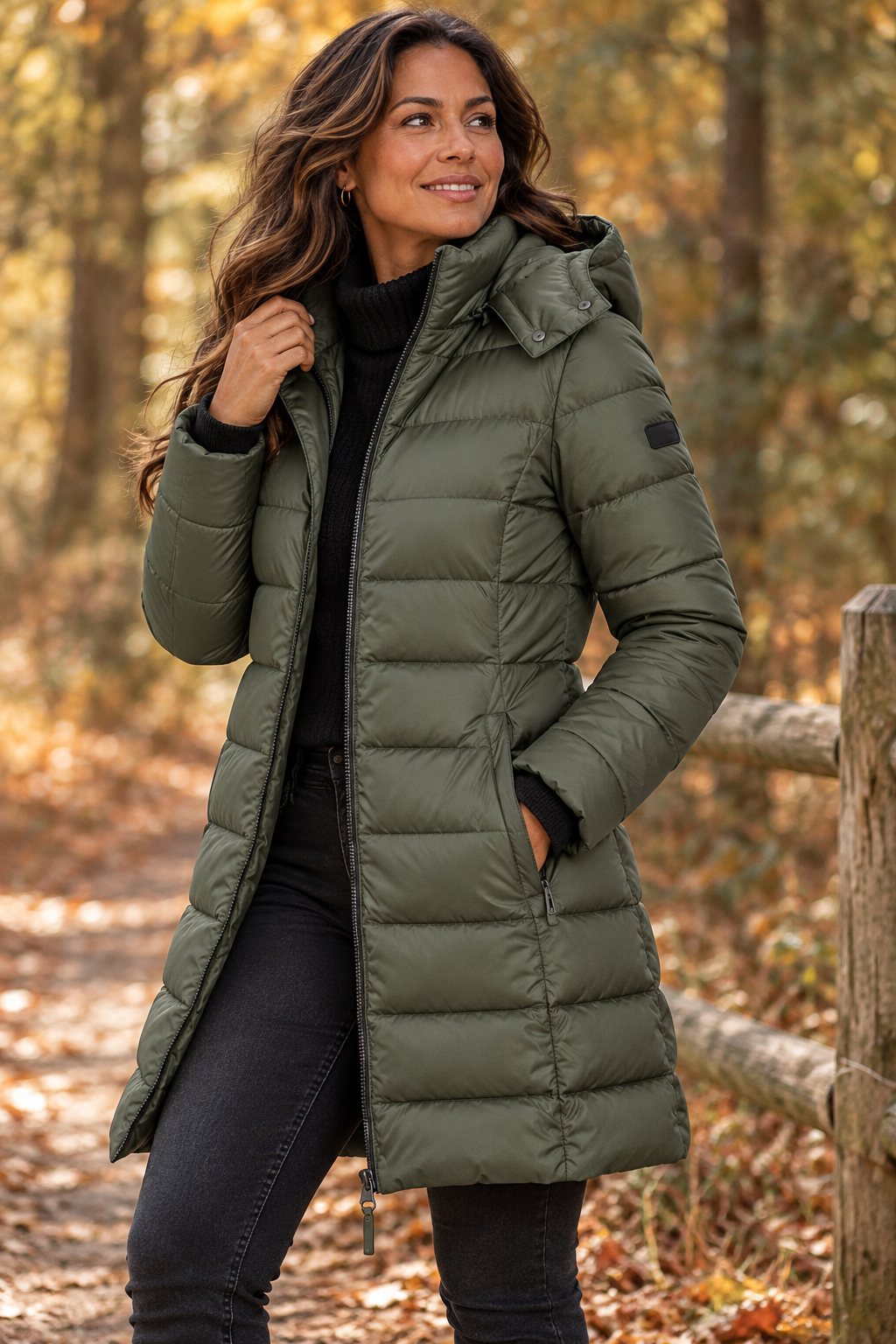 Damen Langer Steppmantel mit Kapuze und Reißverschluss - J&B - 8 - Jasminaboutique.com