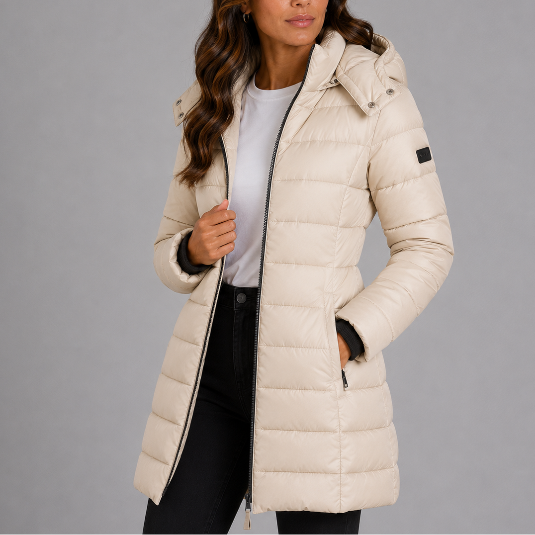 Damen Langer Steppmantel mit Kapuze und Reißverschluss - J&B - 9 - Jasminaboutique.com