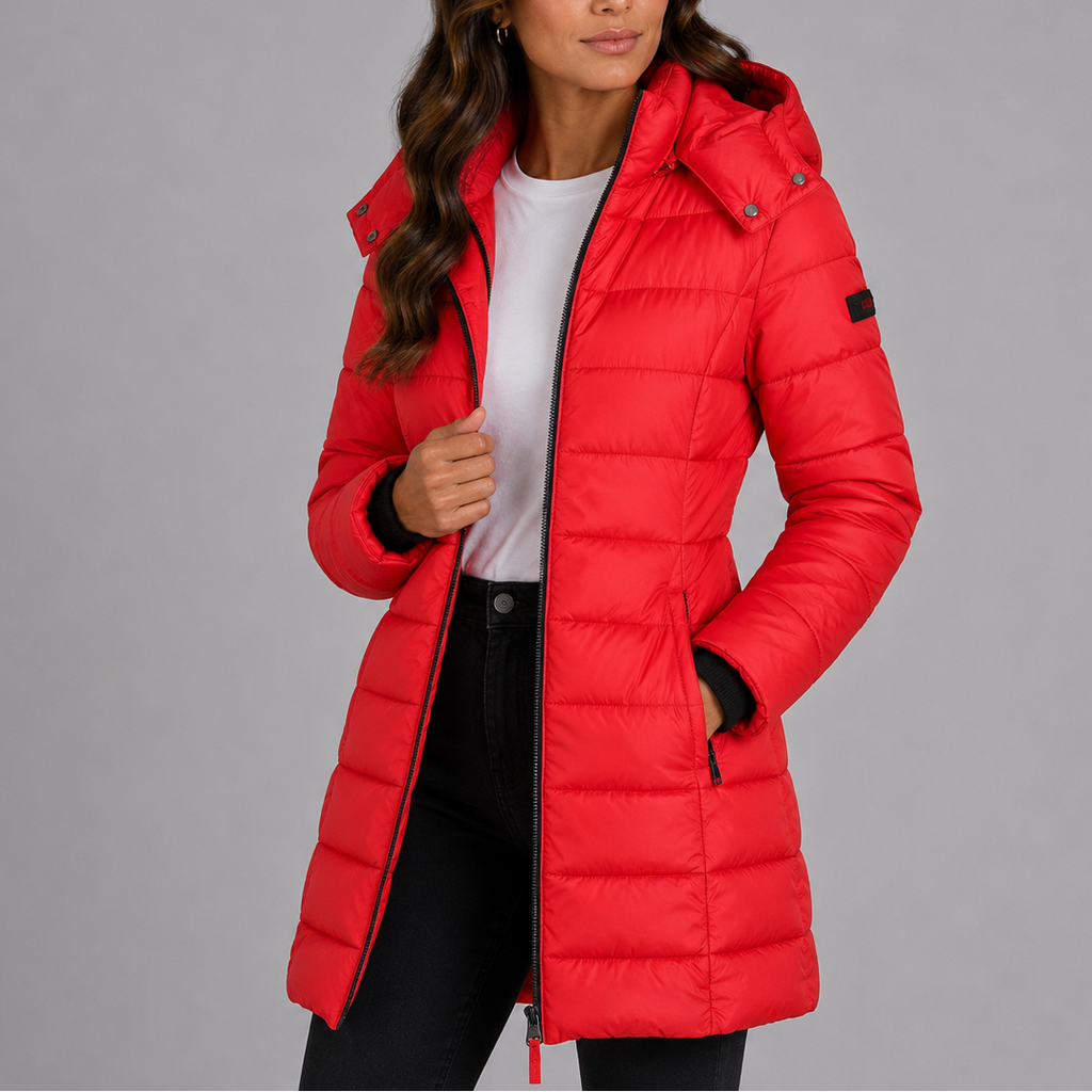Damen Langer Steppmantel mit Kapuze und Reißverschluss - J&B - 11 - Jasminaboutique.com