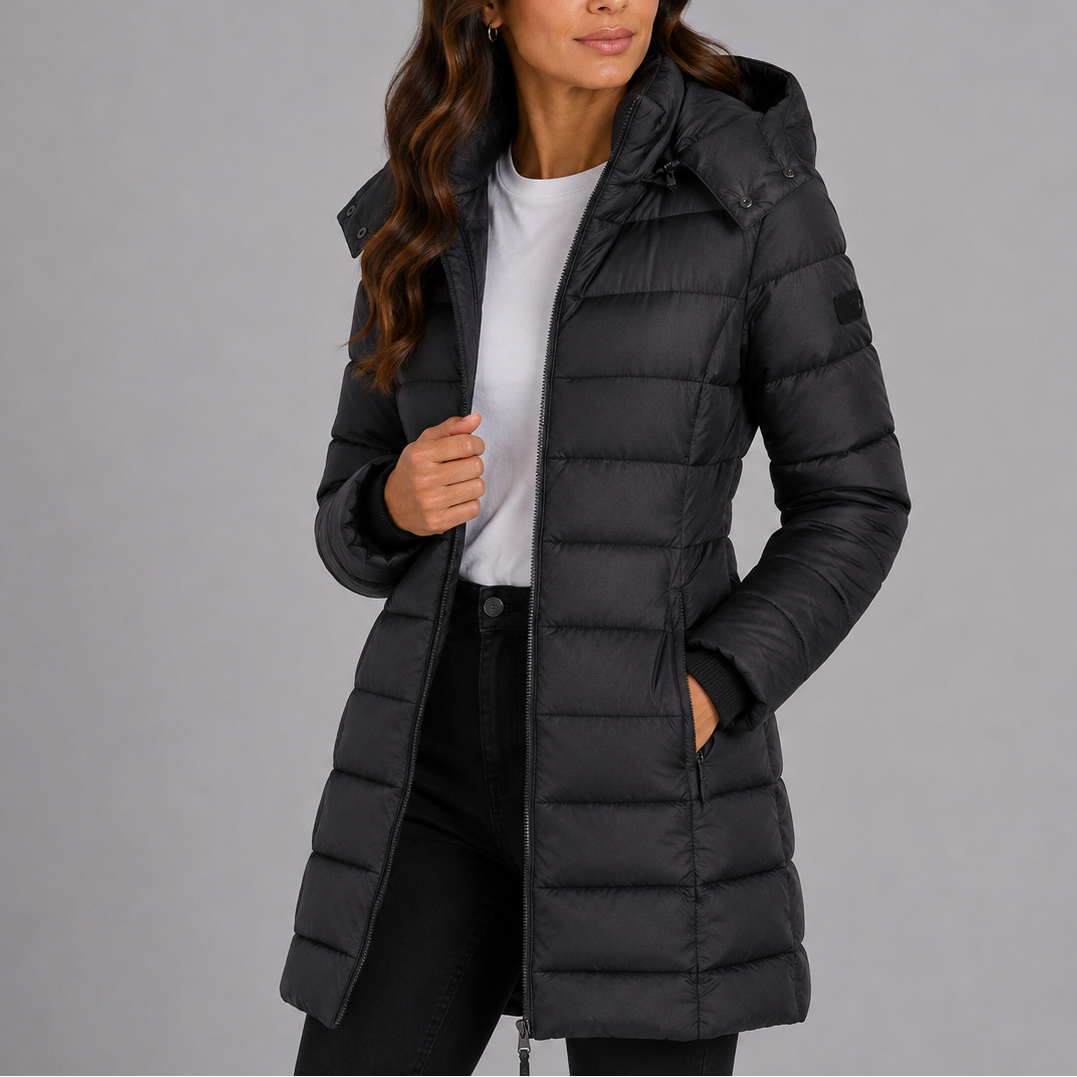 Damen Langer Steppmantel mit Kapuze und Reißverschluss - J&B - 12 - Jasminaboutique.com