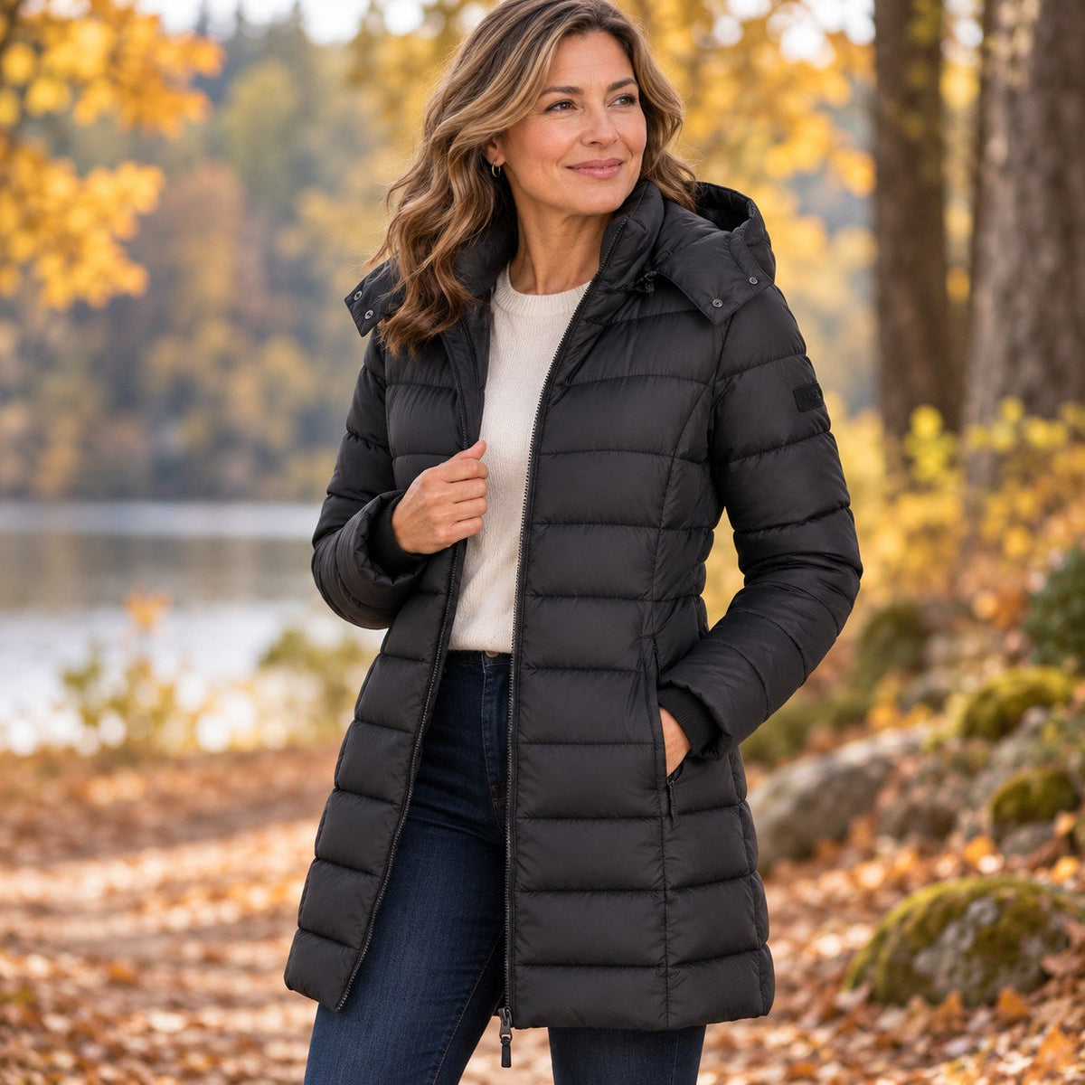 Damen Langer Steppmantel mit Kapuze und Reißverschluss - J&B - 13 - Jasminaboutique.com