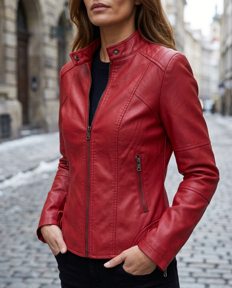 Damen Lederjacke - Figurschmeichelnder Schnitt mit Stehkragen - J&B - 1 - Jasminaboutique.com