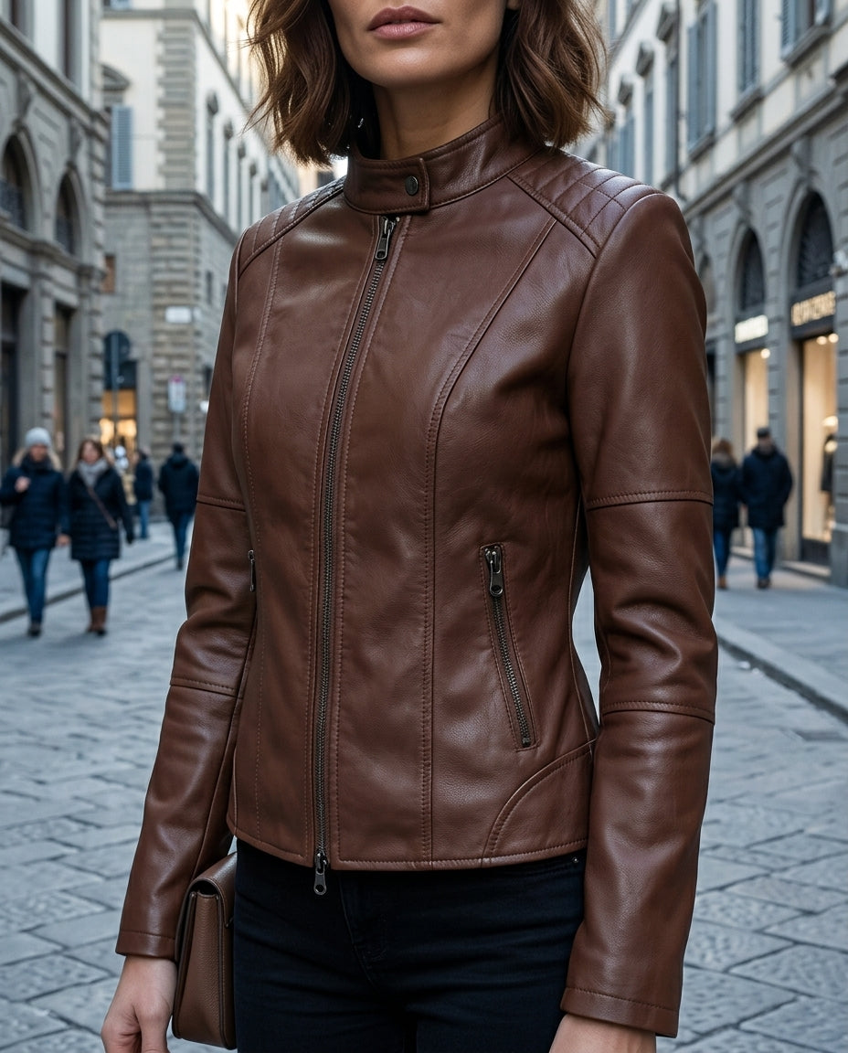 Damen Lederjacke - Figurschmeichelnder Schnitt mit Stehkragen - J&B - 2 - Jasminaboutique.com